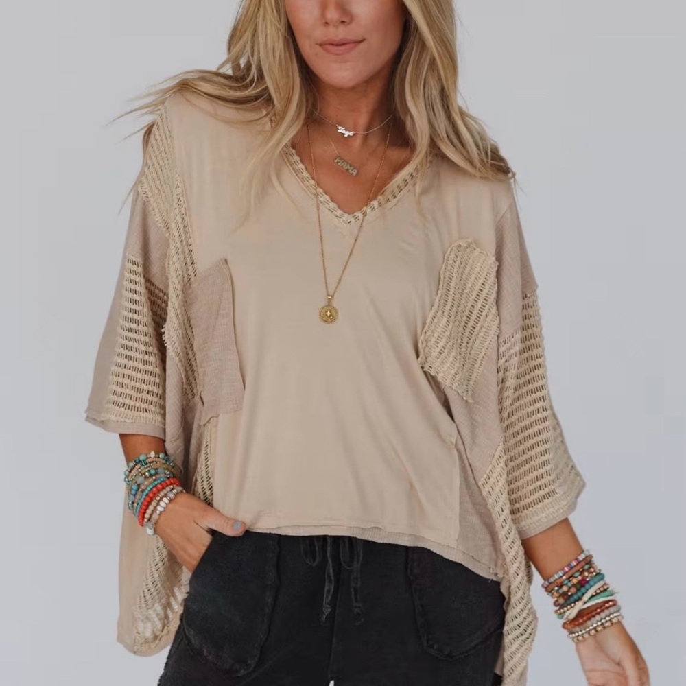 POL Beige Knit Patchwork Top - image 1